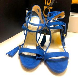 Bebe 7  blue suede ankle tassel tie heels